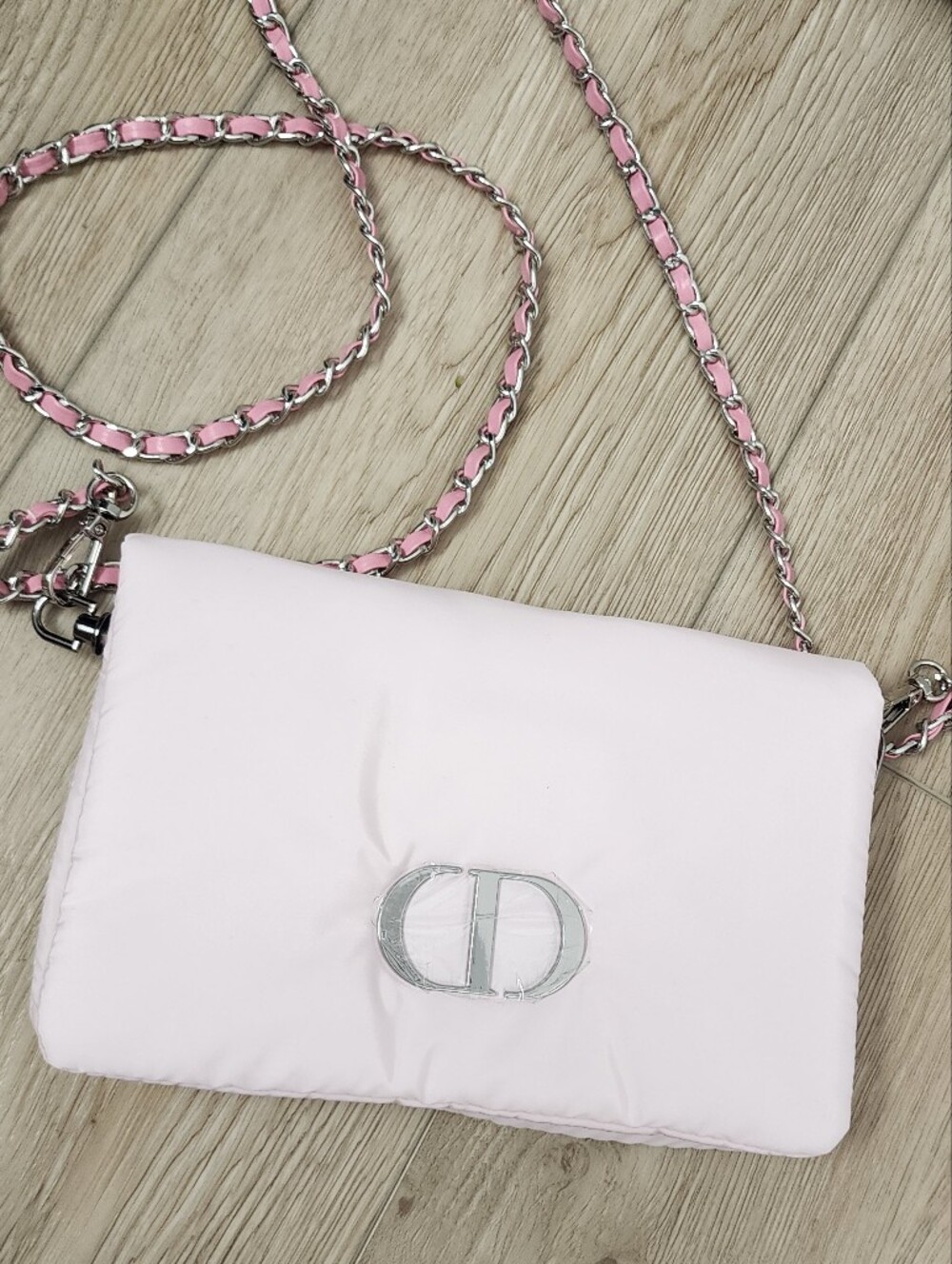 Christian Dior Puffy Pouch Pink Novelty Clutch Bag CD Logo Long Chain Strap - Picture 1 of 9